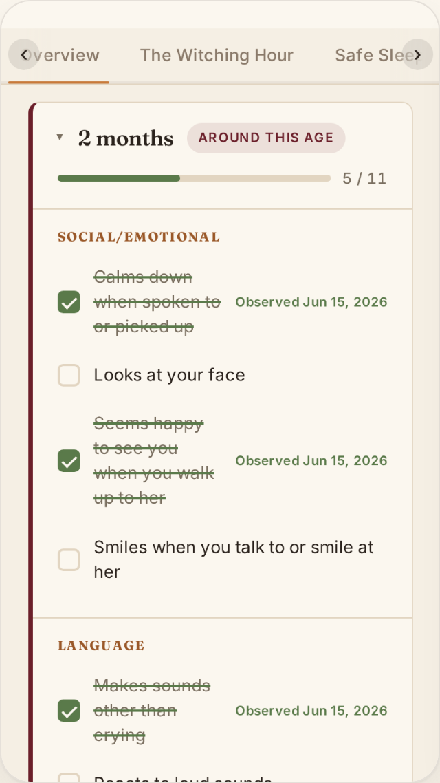 A milestone checklist for a two-month-old, with completed items dated and the rest still to observe.